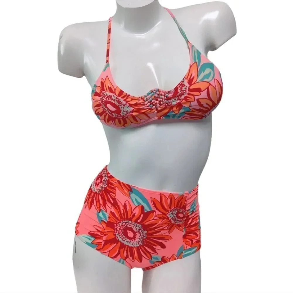 Aerie full brief coral floral 2pc bikini xs